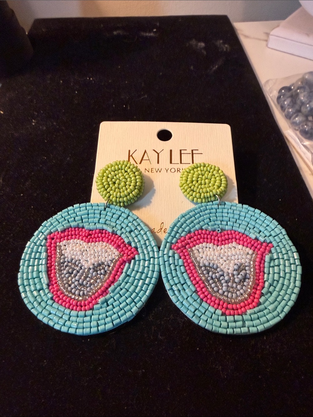 Kay Lee Turquoise & Pink Beaded Round Drop Earrings